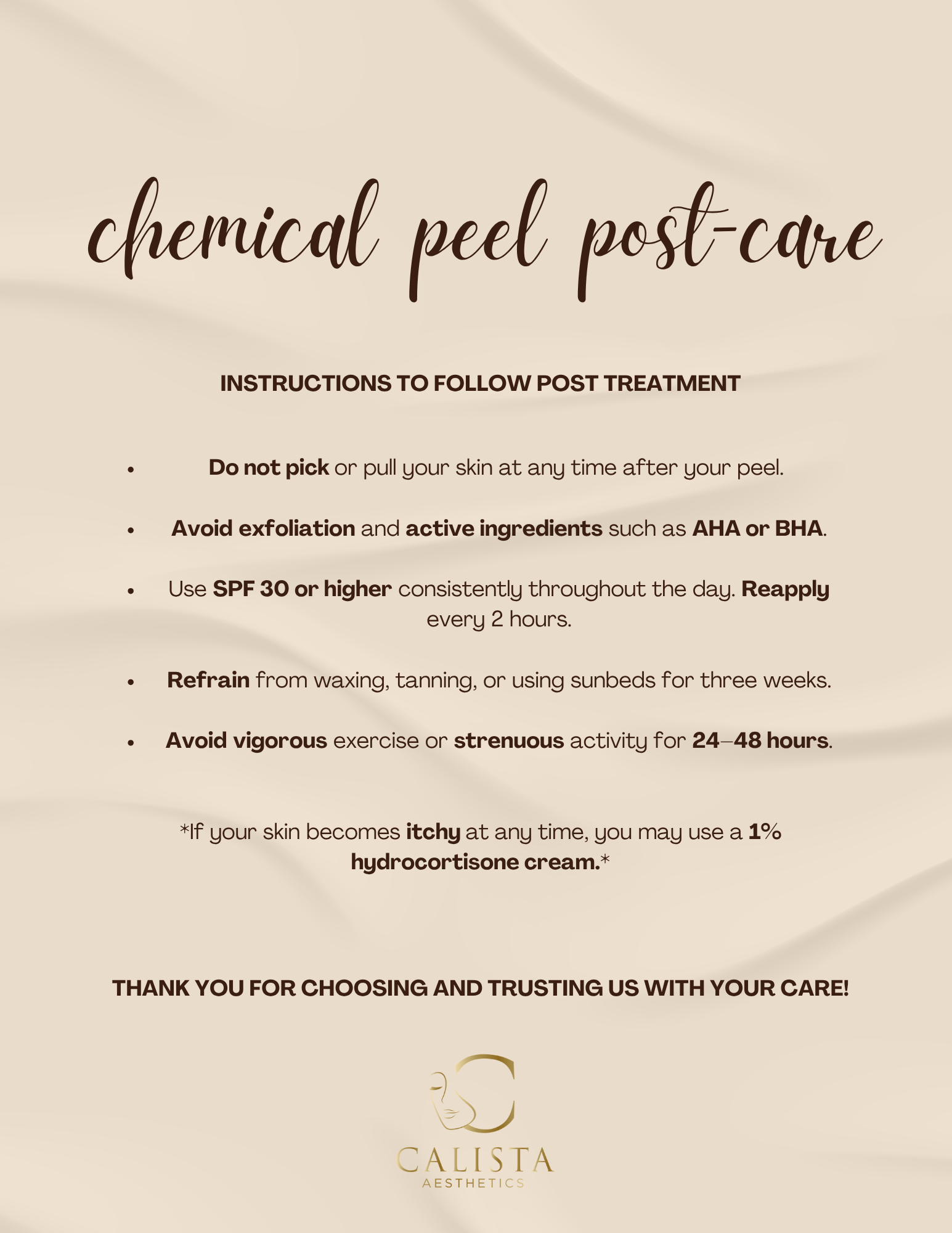 Original Calista chemical peel post-care guide; the same instructions are available as text on this page.