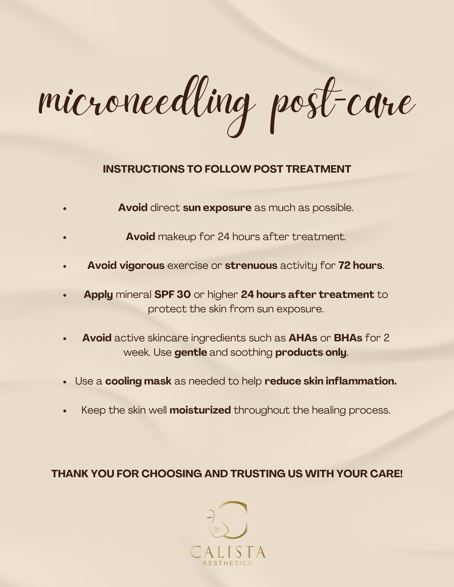 Original Calista microneedling post-care guide; the same instructions are available as text on this page.