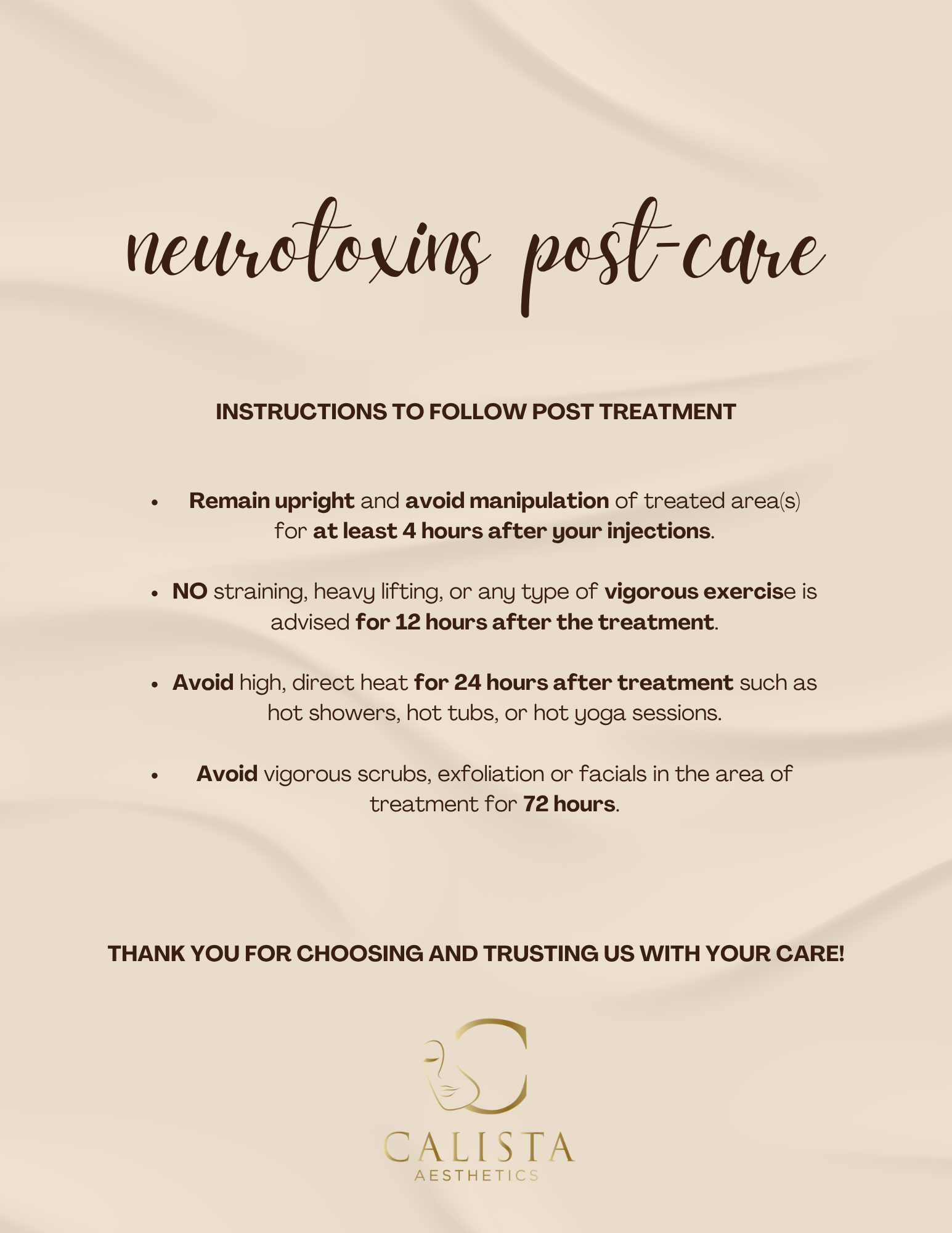 Original Calista neurotoxin post-care guide; the same instructions are available as text on this page.