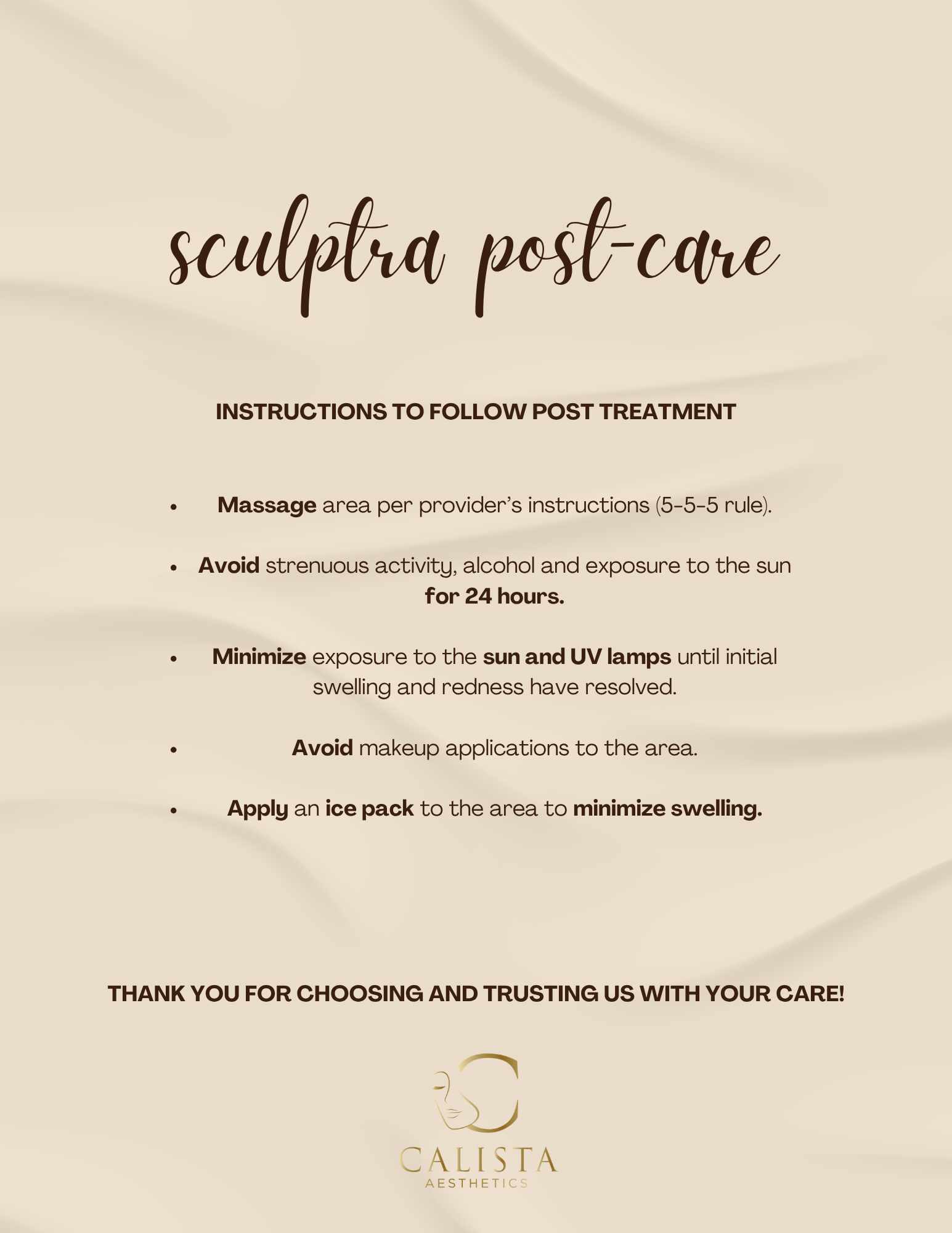 Original Calista sculptra post-care guide; the same instructions are available as text on this page.