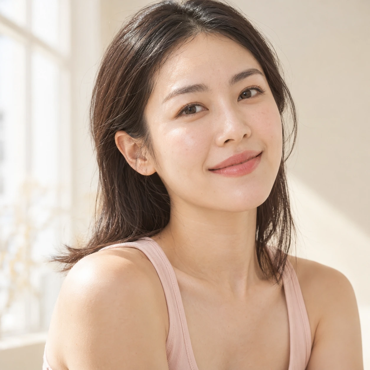 Editorial portrait of an adult woman in a blush top, smiling softly beside a bright window.