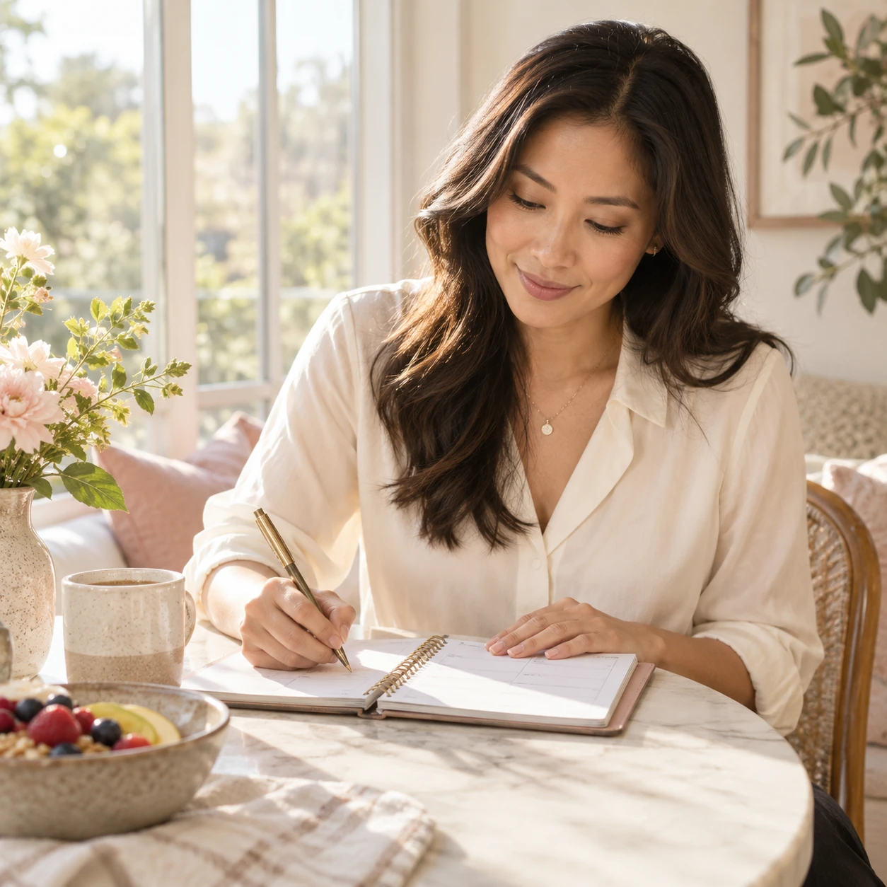 Woman writing in a planner at a table beside a bowl of fruit.