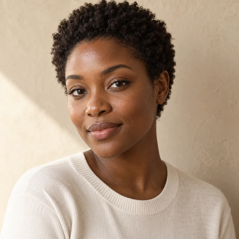 Woman with short natural curls wearing an ivory knit top, looking toward the camera in soft window light.