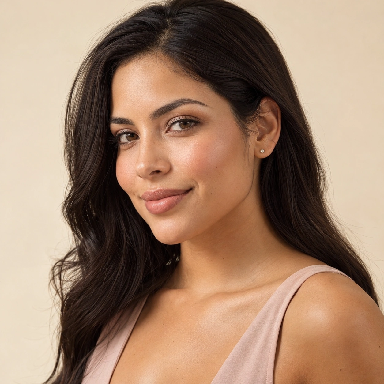Three-quarter editorial portrait of an adult woman with dark hair and a blush top against a cream background.