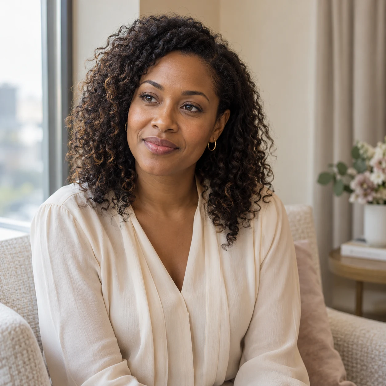 A woman with curly hair seated beside a window in a cream-colored lounge.