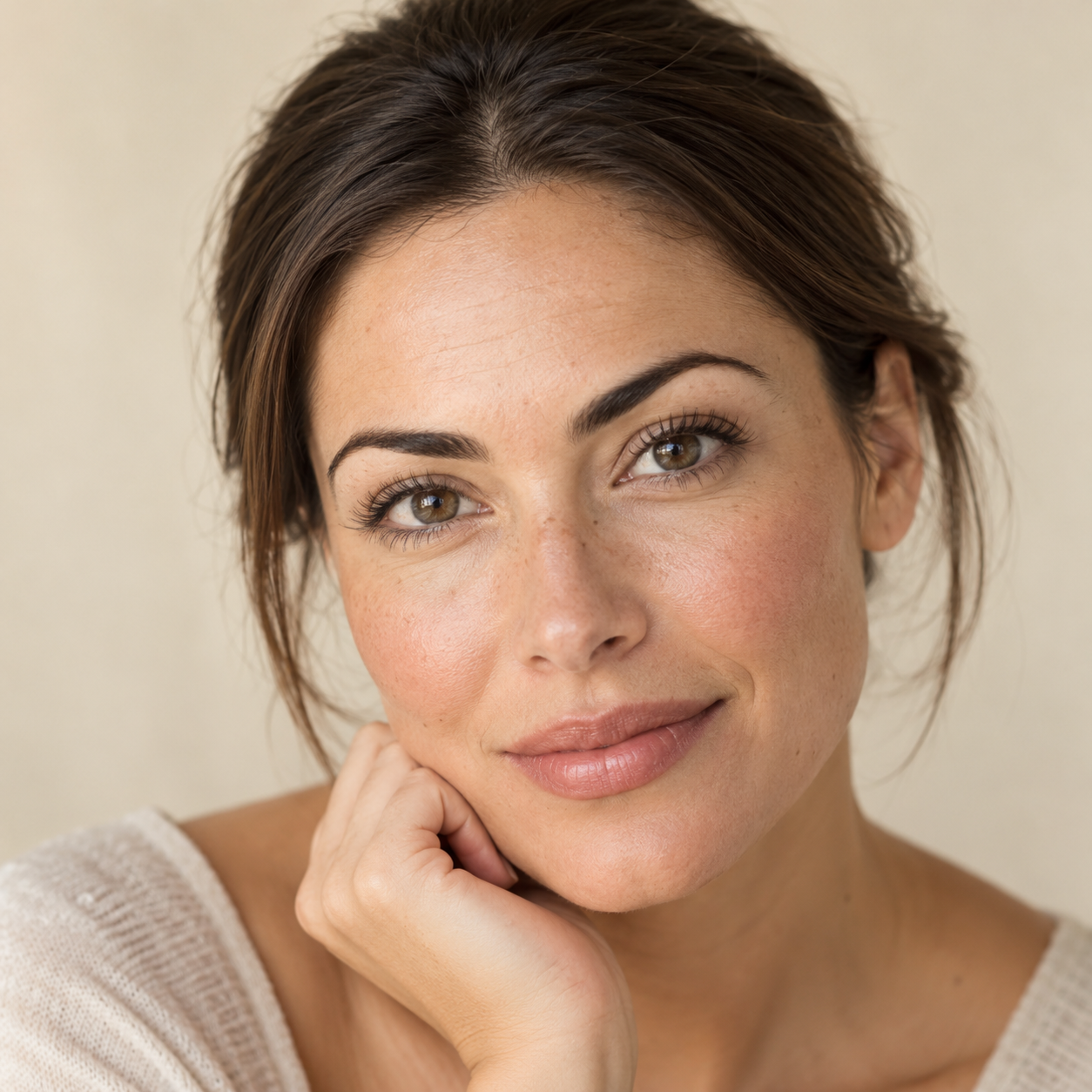 Portrait of a brunette woman with a relaxed expression against a warm cream background.
