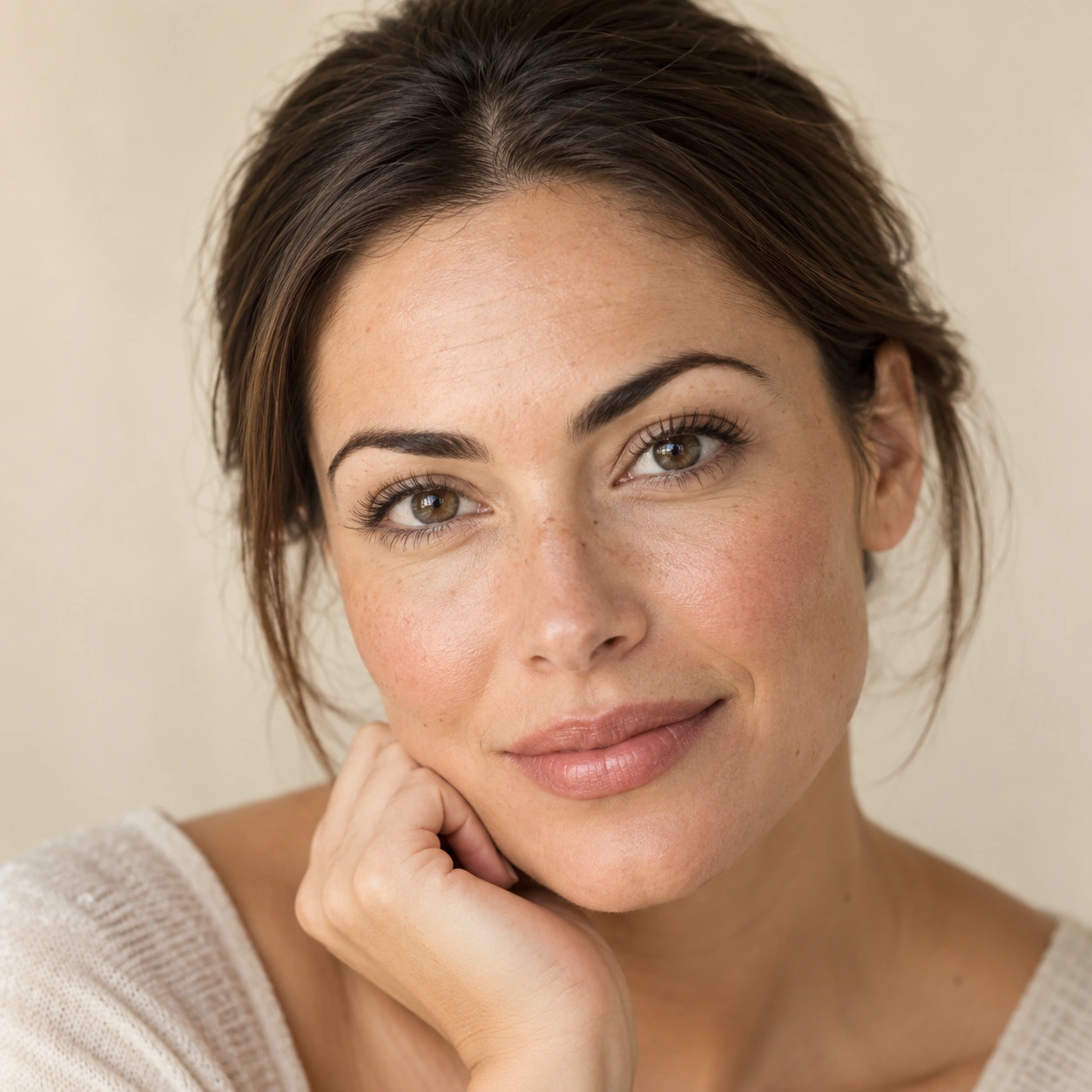 Portrait of a brunette woman with a relaxed expression against a warm cream background.