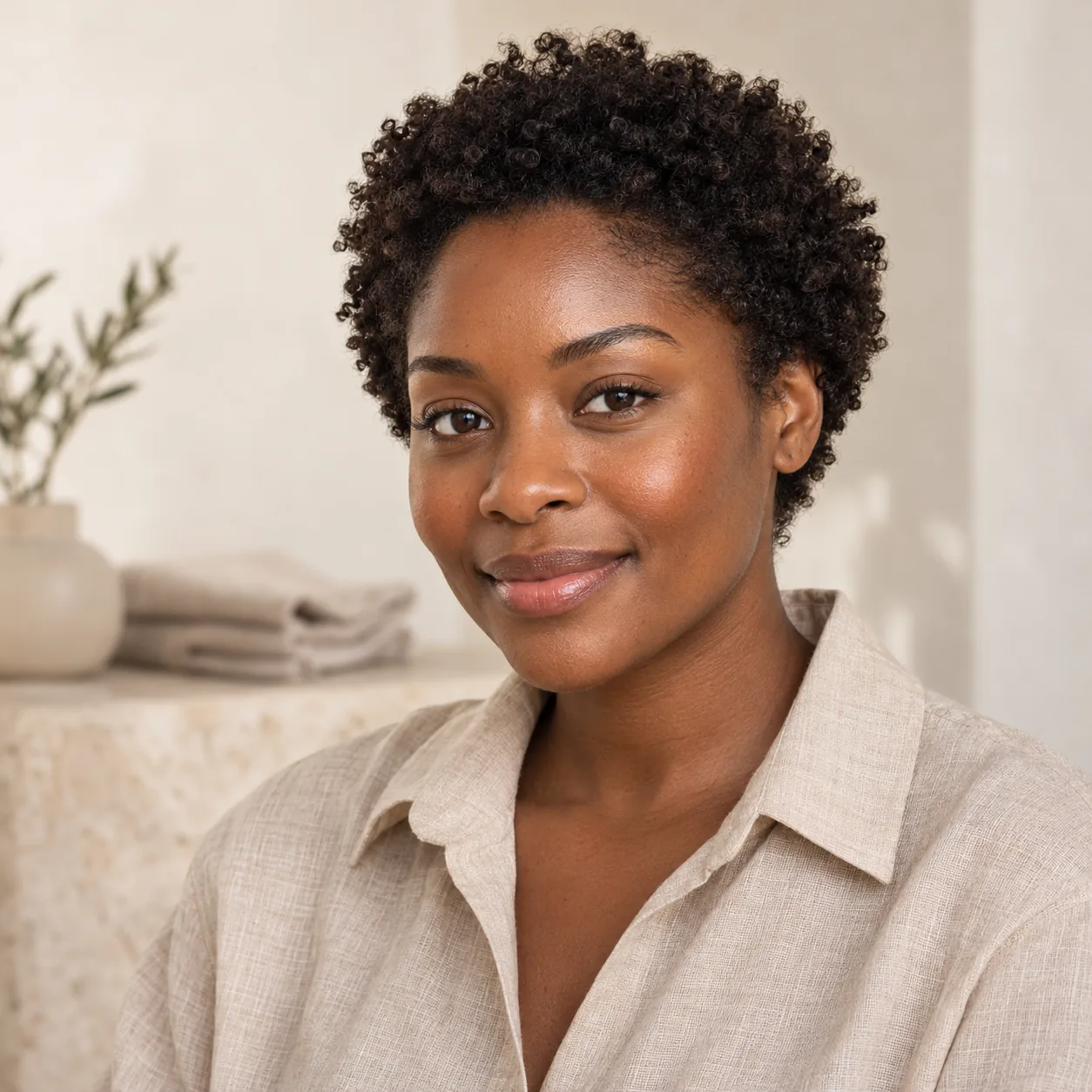 Woman with short natural curls wearing a beige linen shirt in soft window light.