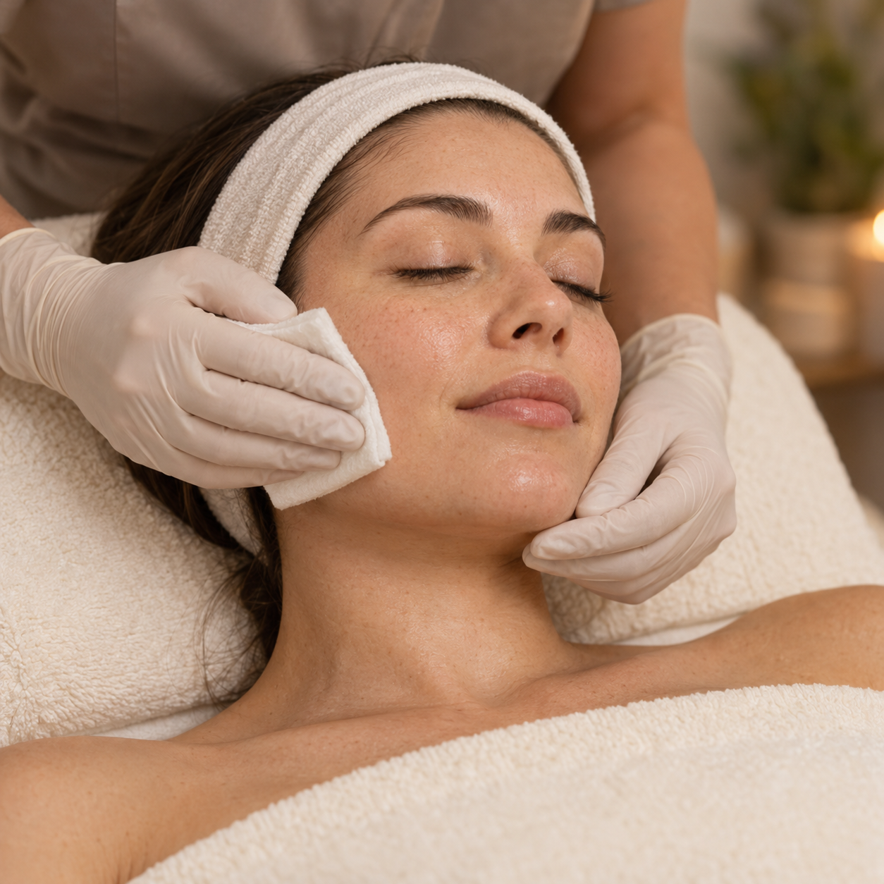 Gloved hands gently holding a soft cloth against a woman’s cheek.