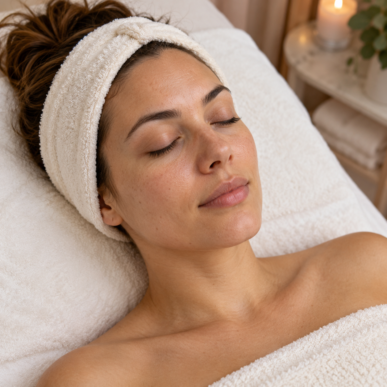 Woman wearing a terry headband and resting before a facial.