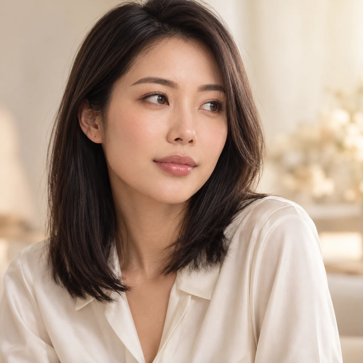 Woman in an ivory blouse with shoulder-length dark hair looking to the side in a softly lit room.
