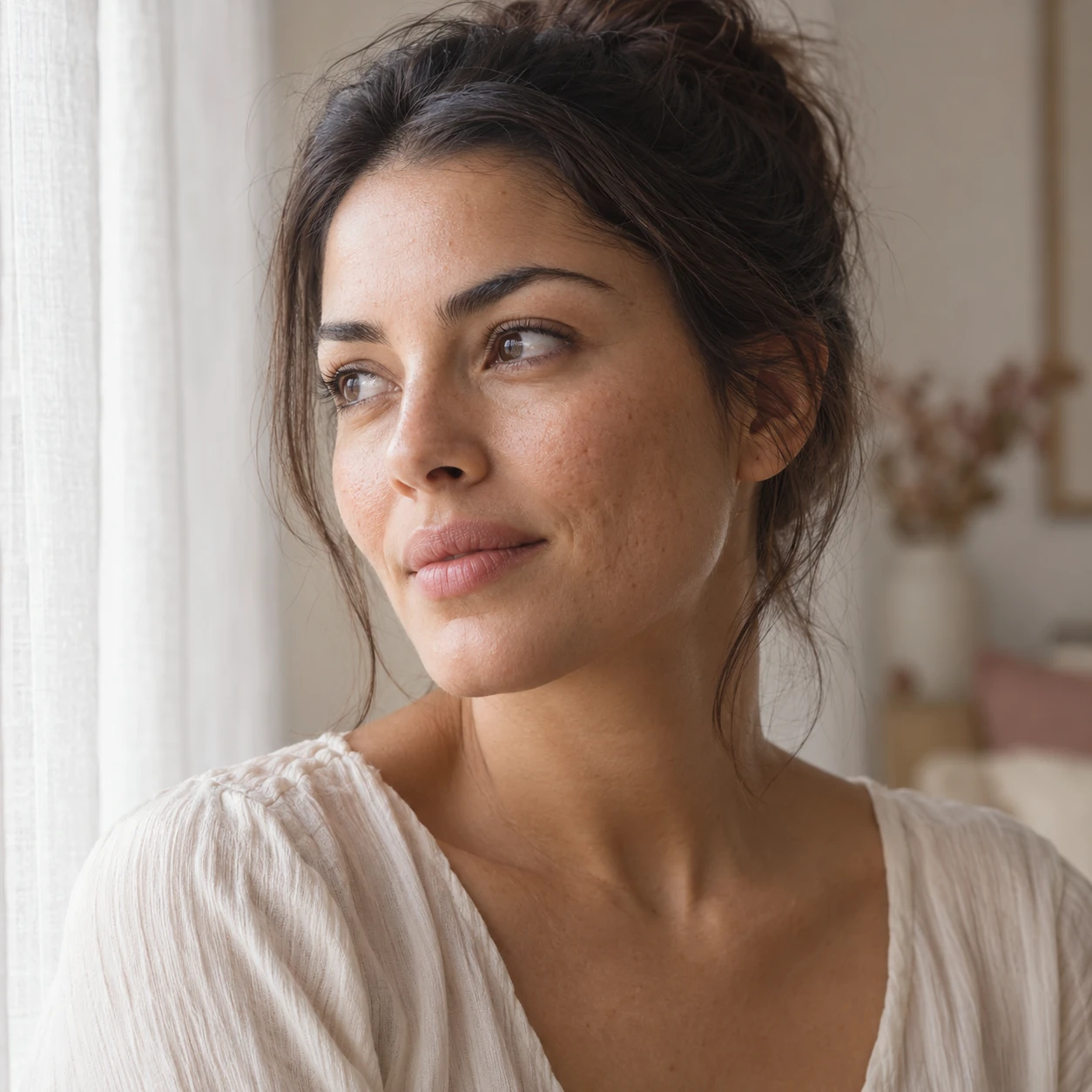 Woman with her hair in a bun beside a softly lit window.