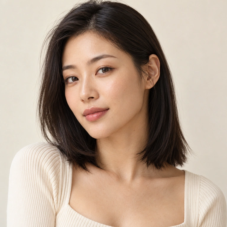 Woman with shoulder-length dark hair in a cream top, posed against a warm cream background.