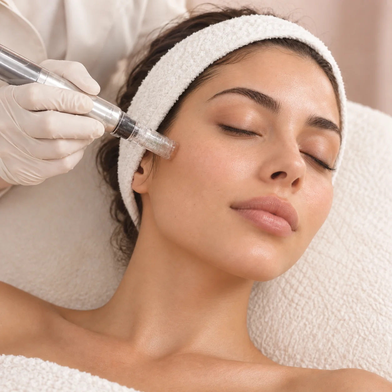 Illustration of a microneedling pen held against a woman's cheek.