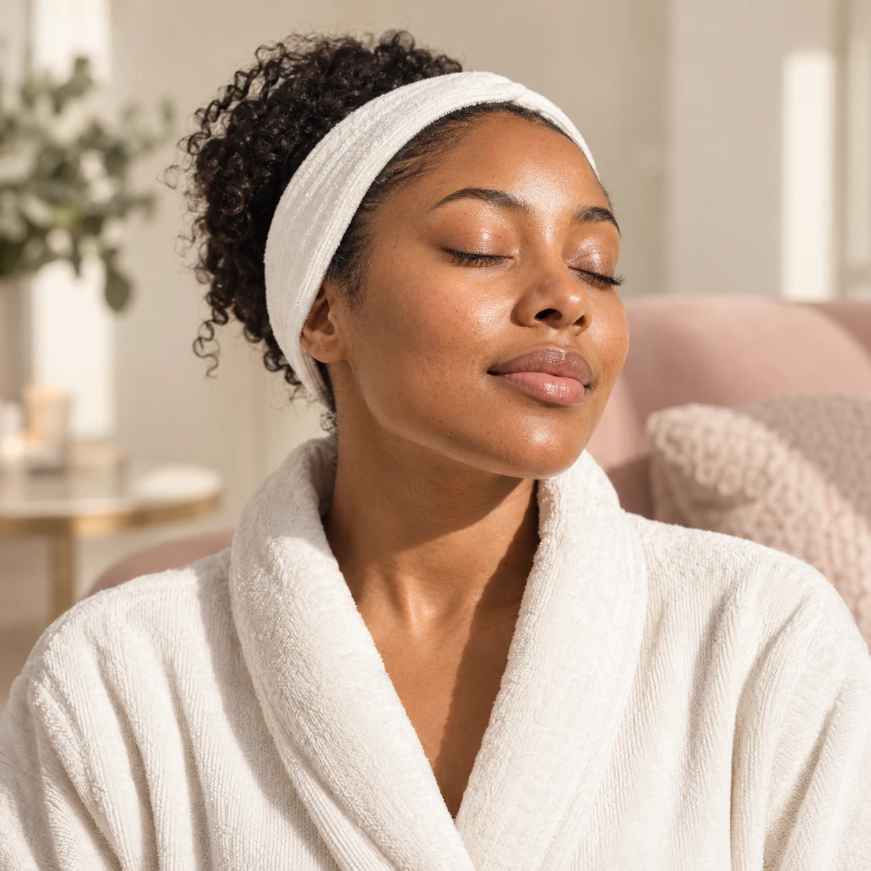 Woman with closed eyes wearing a white robe and headband in a softly lit room.