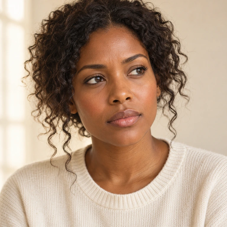 Woman with dark curly hair in a cream knit top, looking thoughtfully to the side in soft window light.