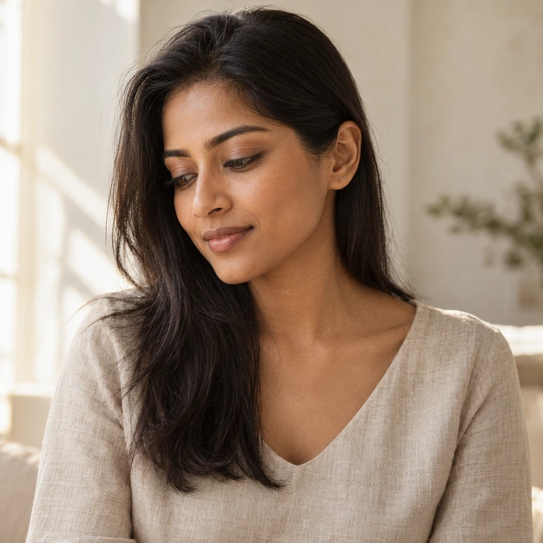 Woman with long dark hair in a cream top, looking downward beside a softly lit window.