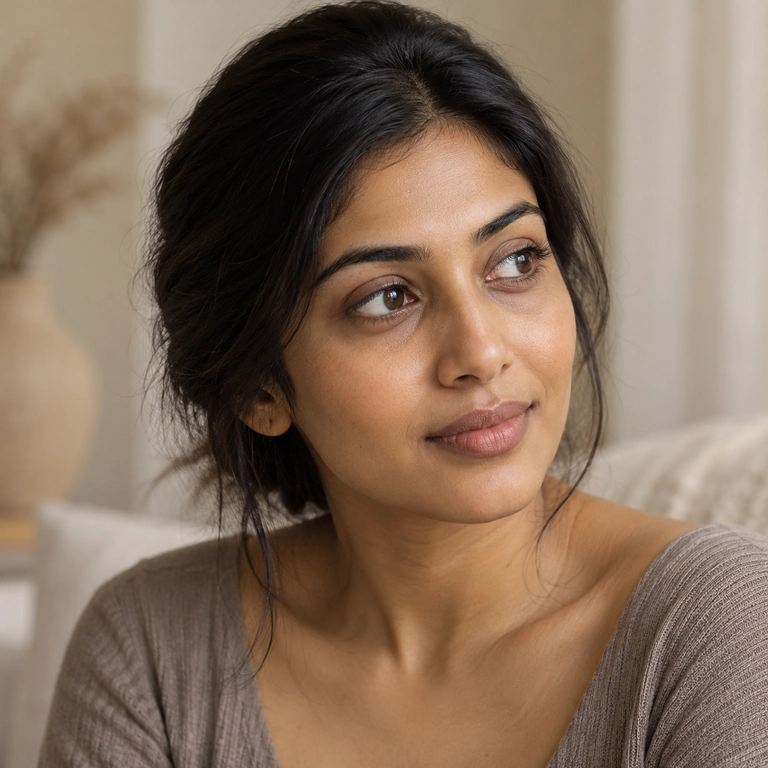 Woman with dark hair loosely tied back, wearing a taupe knit top and looking to the side in soft window light.