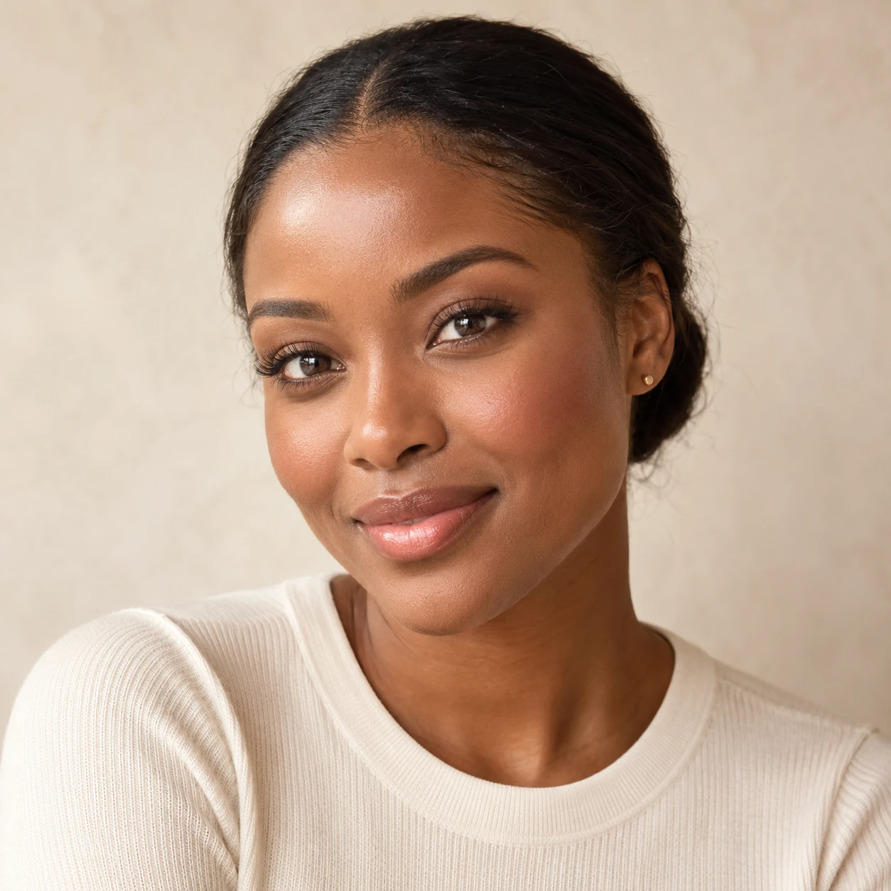 Editorial portrait of an adult woman with her hair pulled back in soft light.