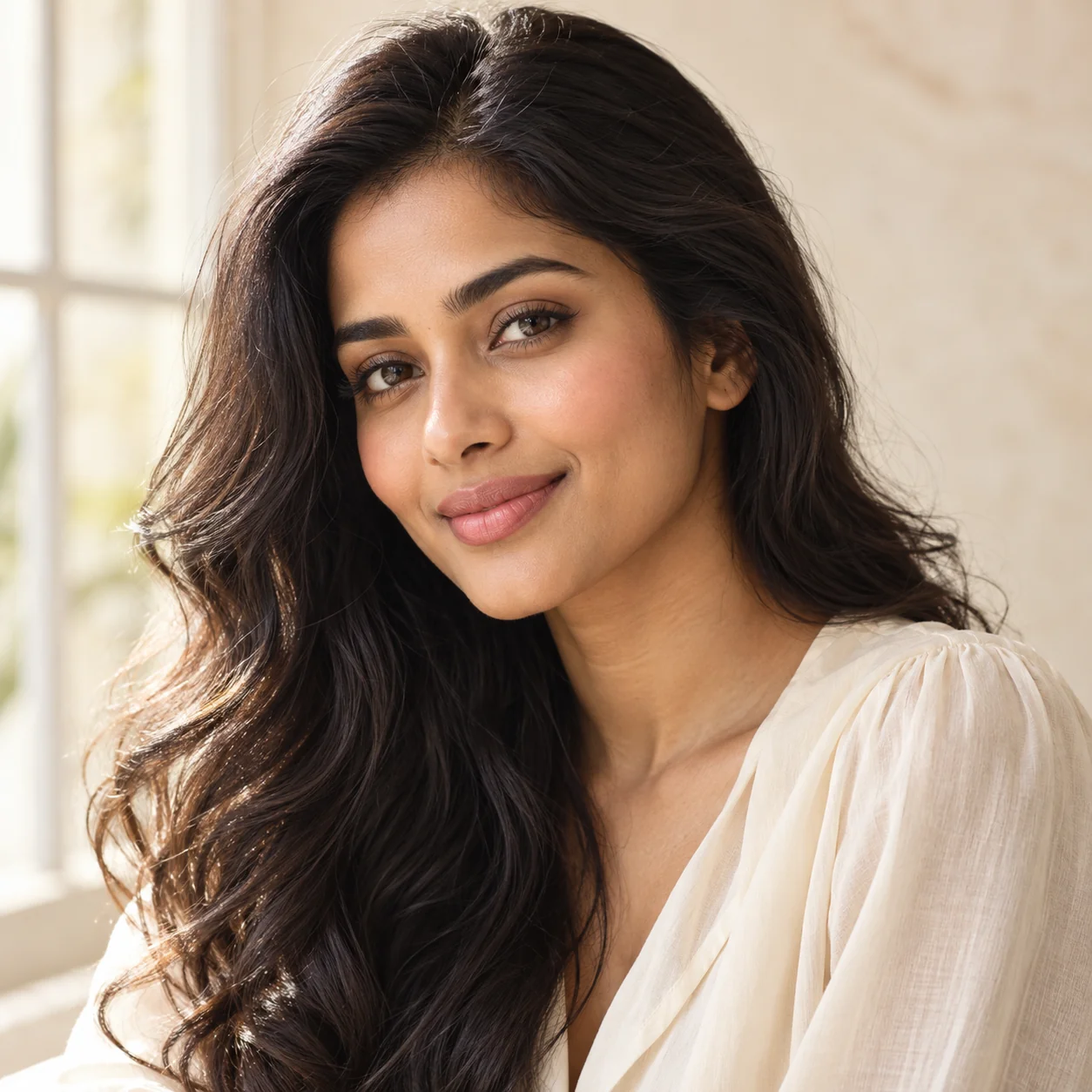 Woman with long dark waves in a light blouse beside a window.