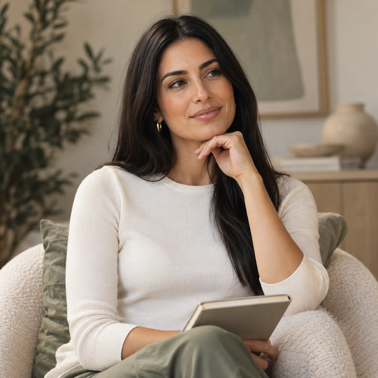 A woman with long dark hair seated in a cream-colored chair holding a notebook.