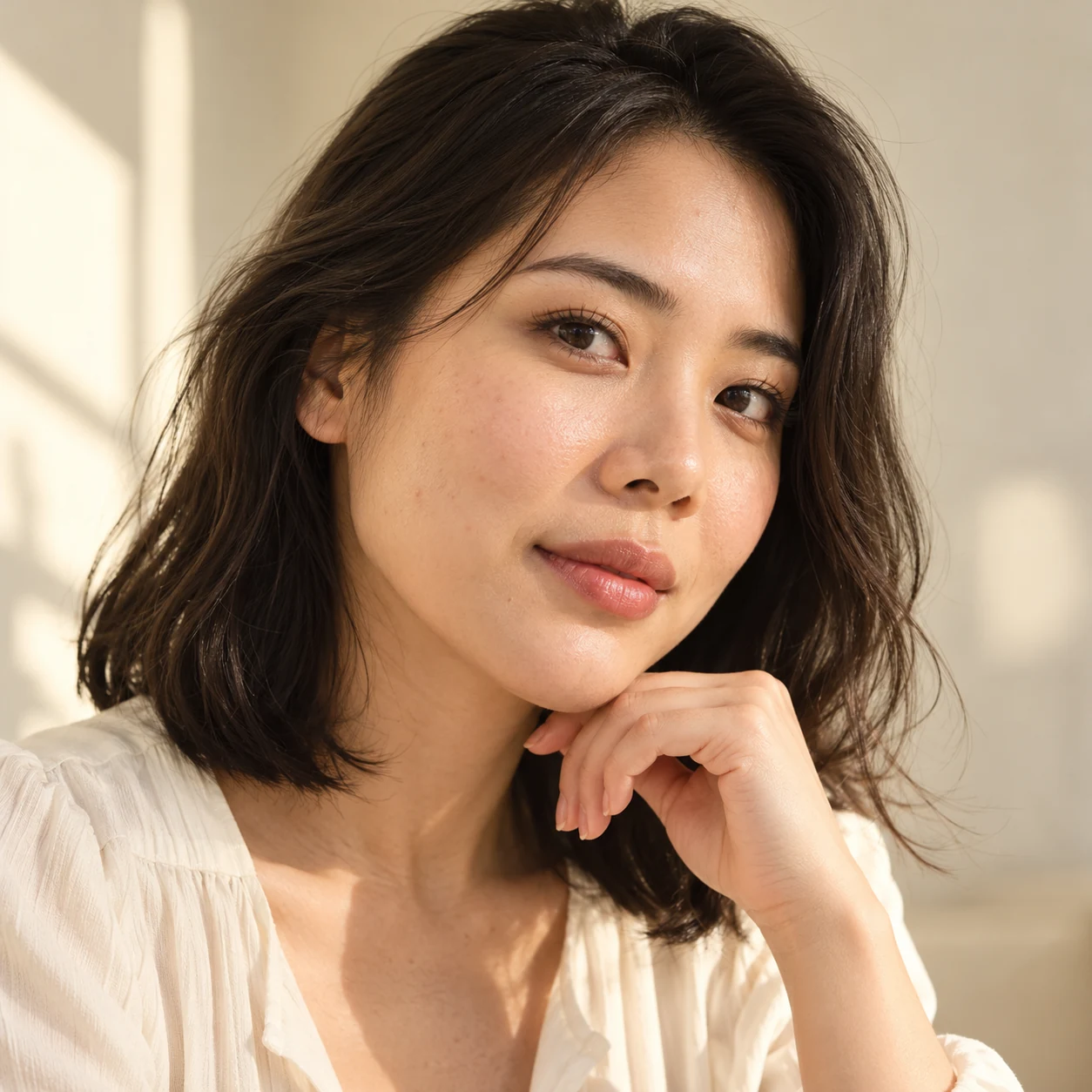 Woman with shoulder-length dark hair resting her chin on her hand in warm window light.