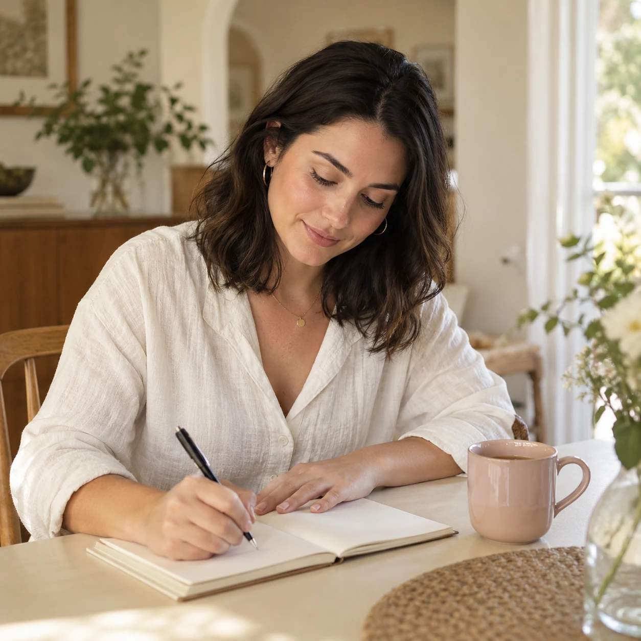 Woman writing in a notebook at a sunlit dining table.