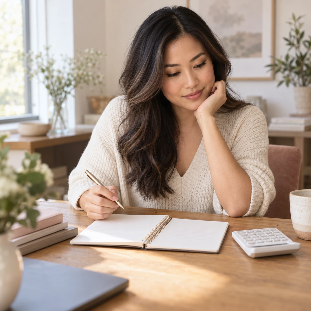 Woman reviewing a notebook beside a calculator at a table.