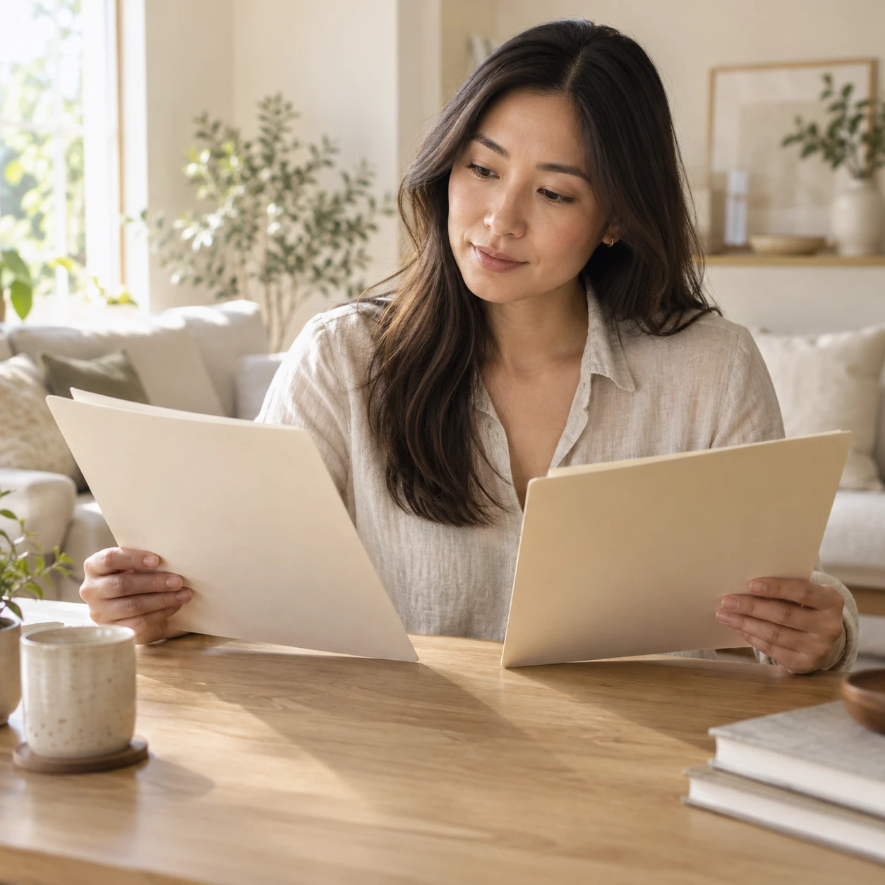 Woman comparing two plain folders at a table.