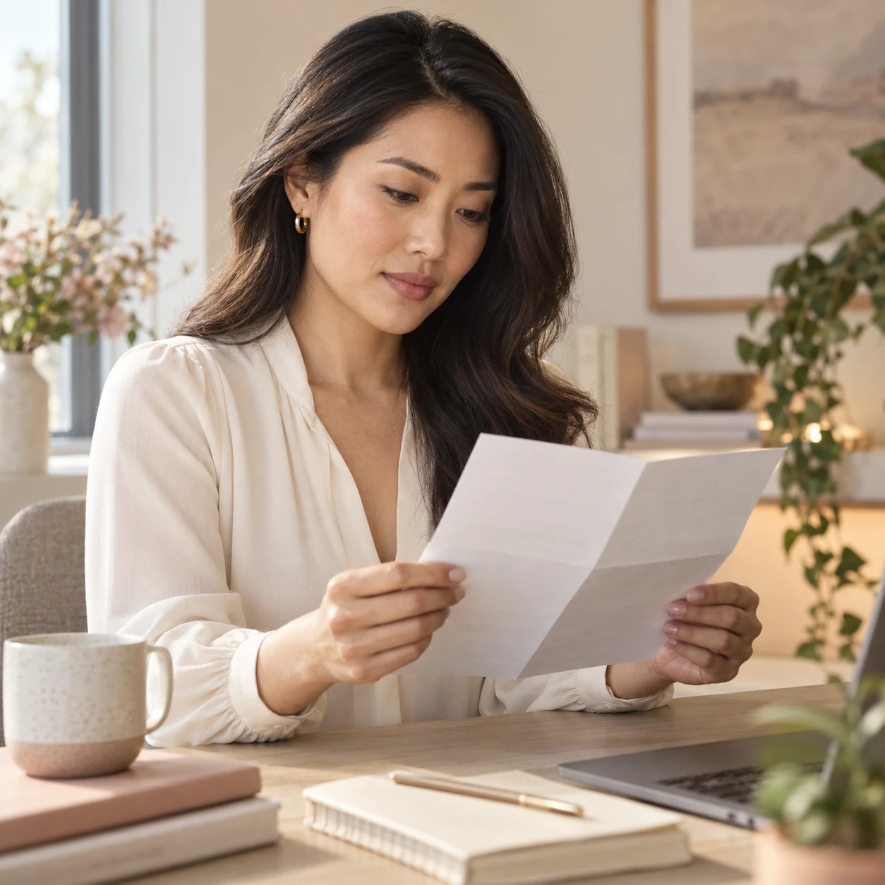 Woman reading a paper information sheet at a table.