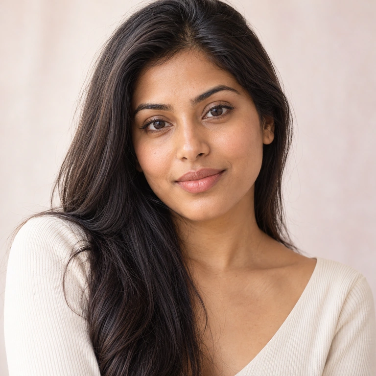 Woman with long dark hair wearing an ivory ribbed top, facing the camera against a soft blush background.