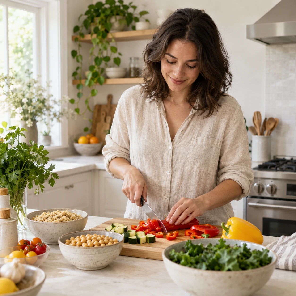 Woman preparing vegetables beside bowls of chickpeas and grains in a kitchen.