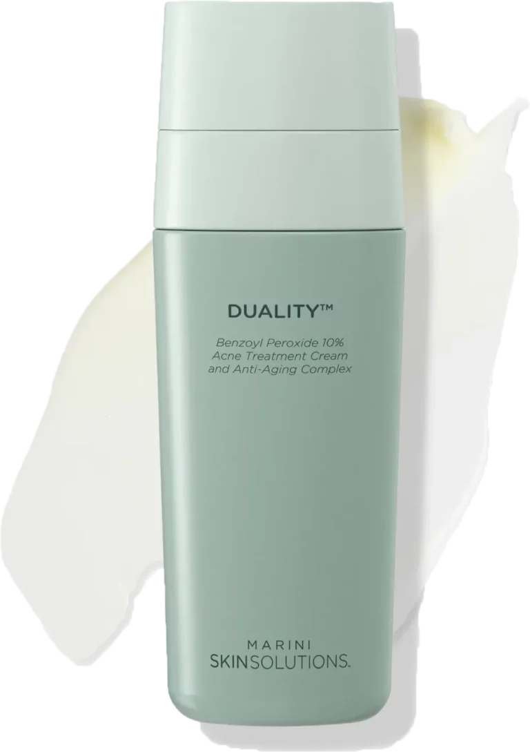 Mint green Duality skincare cream bottle shown upright with a white cream smear behind it.