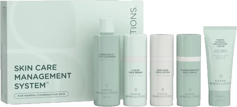 Boxed Marini SkinSolutions skin care management system with five light green and white bottles and tubes.