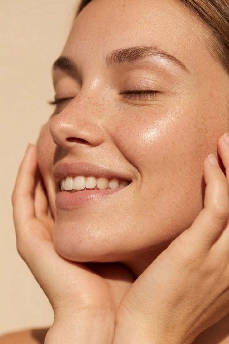 Smiling woman with closed eyes resting her hands against her cheeks.