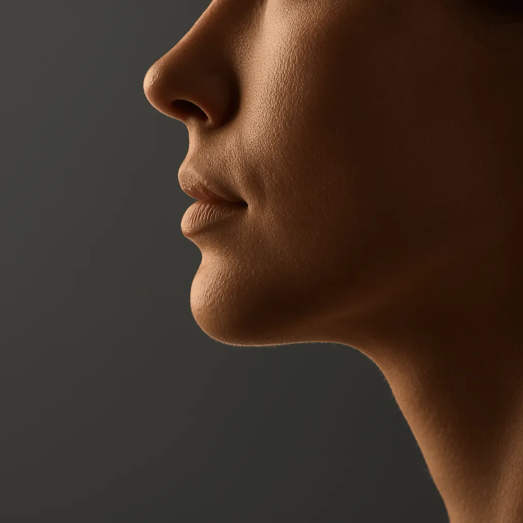 Close-up side profile of a woman's lower face highlighting smooth skin, defined lips, and a well-contoured jawline against a dark background.