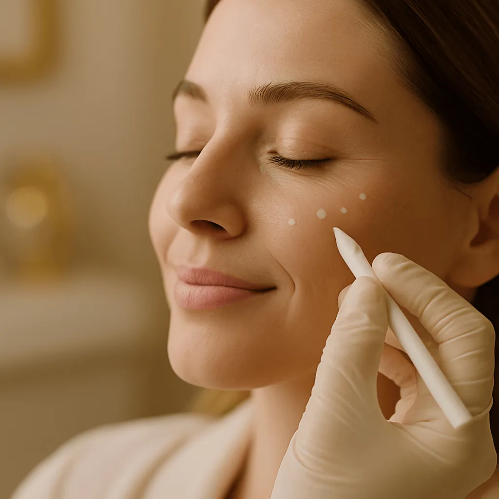 Close-up of a woman with closed eyes smiling as a gloved practitioner marks injection points on her cheek with a white pencil in preparation for a cosmetic treatment.