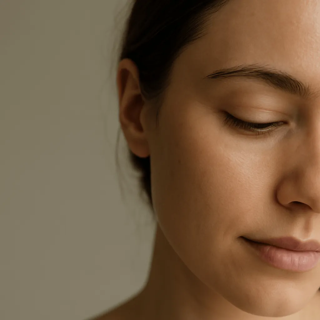 Close-up portrait of a woman with natural skin and minimal makeup, eyes gently closed against a soft neutral background