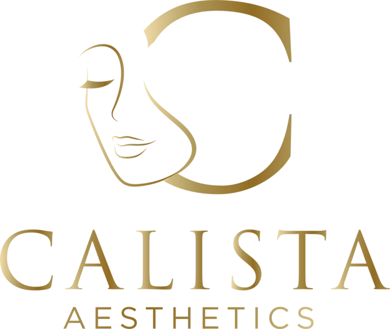 Logo of Calista Aesthetics featuring a stylized golden silhouette of a woman's face, profiled in a circular frame, against a black background. The name 'CALISTA AESTHETICS' is written in capital, elegant serif letters in gold color below the image.