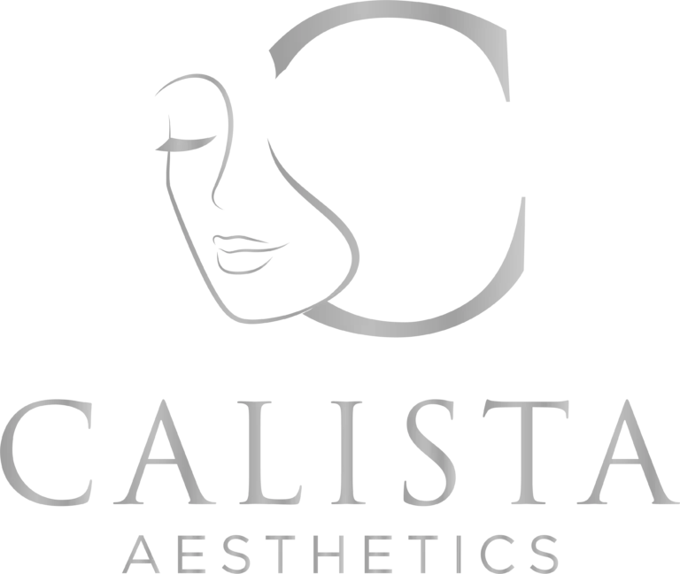 Logo of Calista Aesthetics, depicting a minimalistic white silhouette of a woman's face in profile within a partial circular outline, set against a black background. The brand name 'CALISTA AESTHETICS' is displayed in white, uppercase, serif font beneath the image.