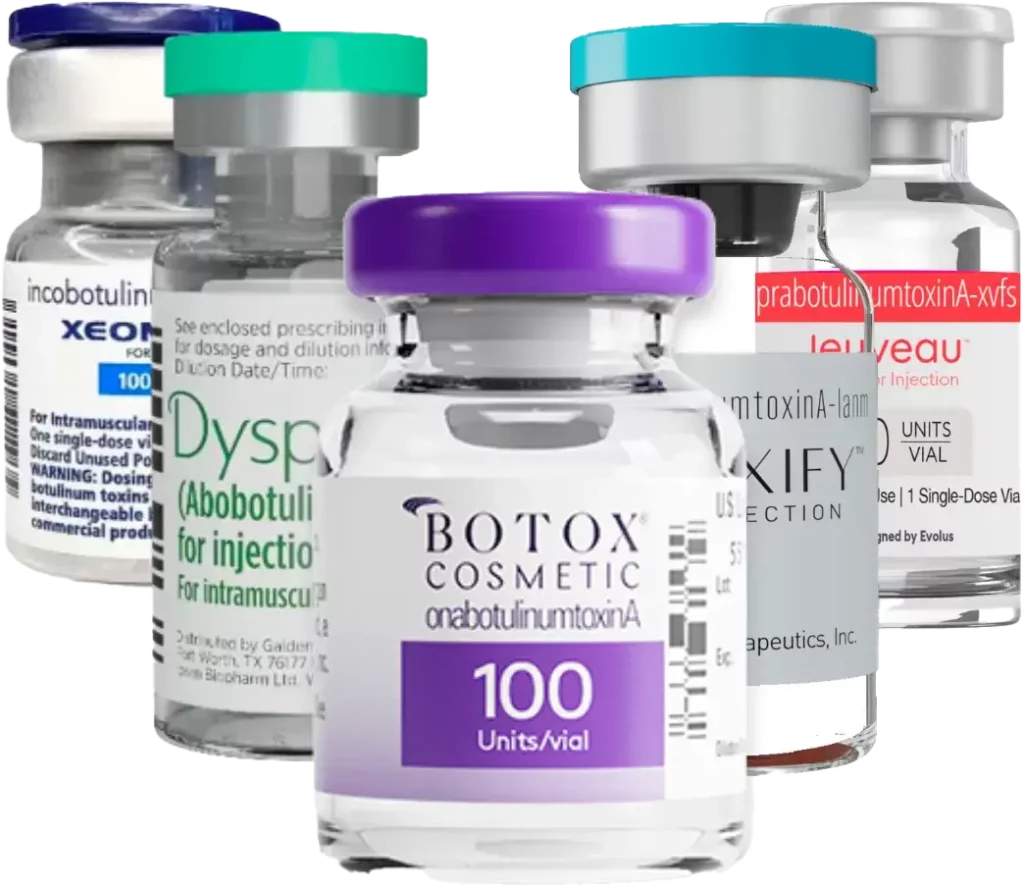 Bottles of various botulinum toxin brands, including Botox, Dysport, Xeomin, Jeuveau, and Daxxify, arranged together in a group. Each vial is labeled with its respective brand name and dosage information, with Botox prominently displayed in the center.