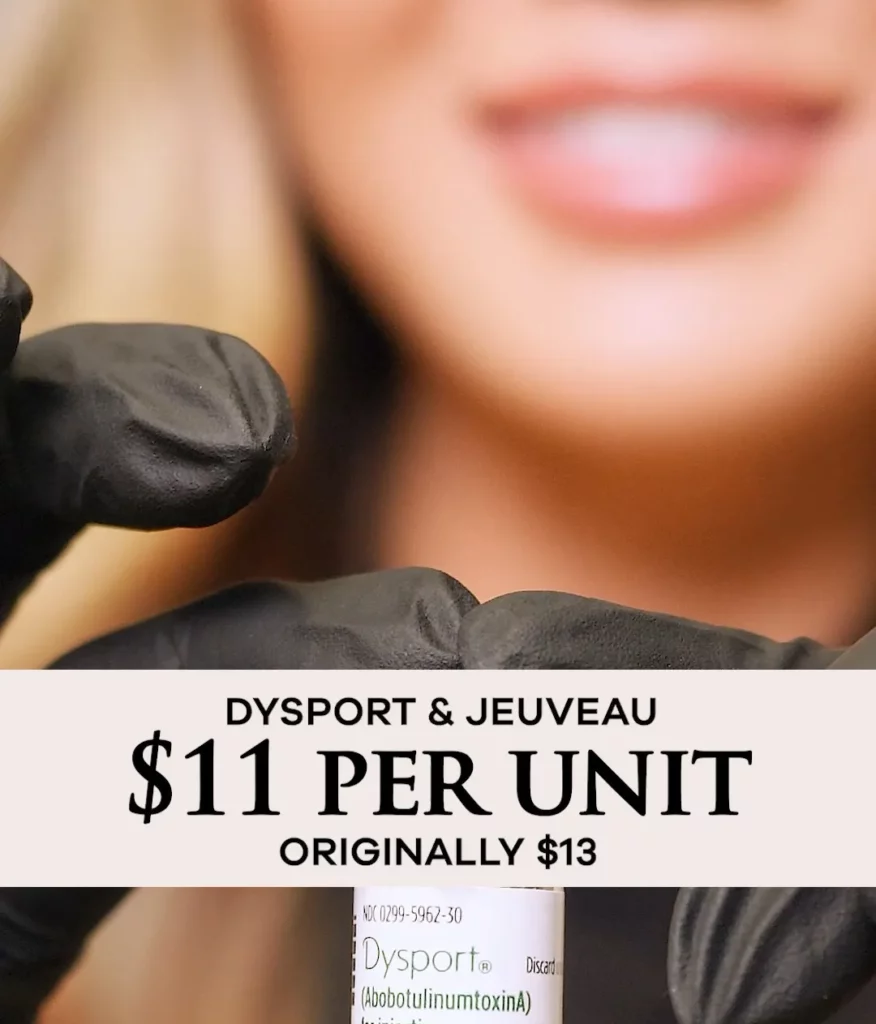 Gloved hands holding Dysport vial with promotion text showing $11 per unit, originally $13