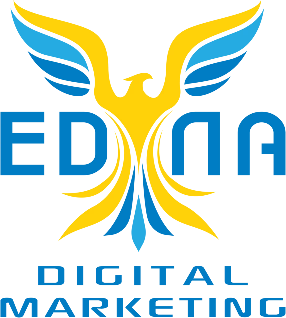EDNA Digital Marketing logo featuring a stylized yellow and blue phoenix with outstretched wings above bold blue text on a transparent background