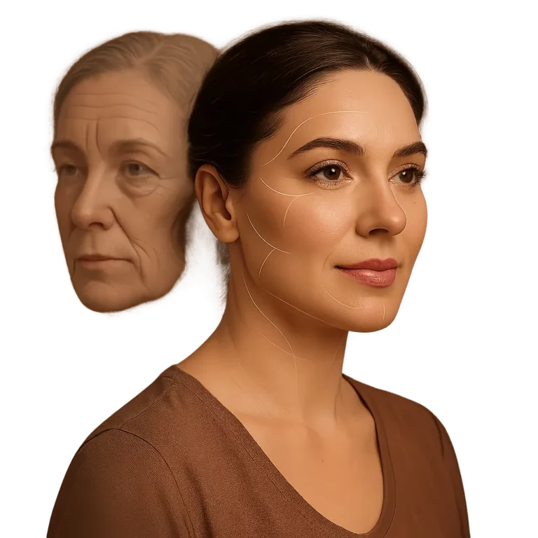 Side-by-side concept image showing an older woman’s face fading behind a younger woman with contour lines illustrating skin lifting and rejuvenation effects