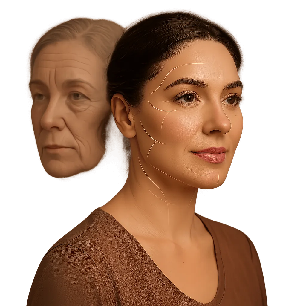 Side-by-side concept image showing an older woman’s face fading behind a younger woman with contour lines illustrating skin lifting and rejuvenation effects