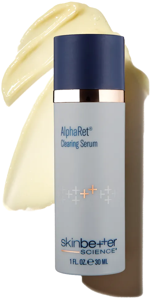 Skinbetter Science AlphaRet Clearing Serum bottle with cream swatch in background