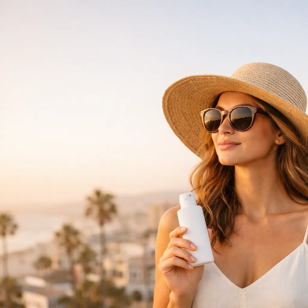 Woman wearing a sun hat and sunglasses holding a sunscreen bottle outdoors, with a beach and palm trees in the background during golden hour