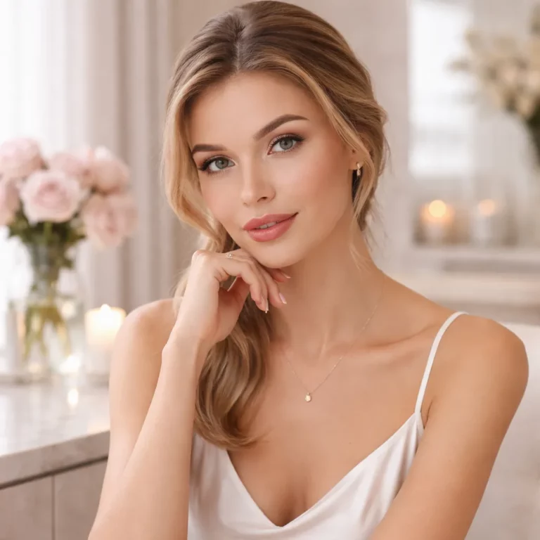 Beauty portrait of a woman in a white satin camisole with soft makeup, posed indoors with roses and candles in the background