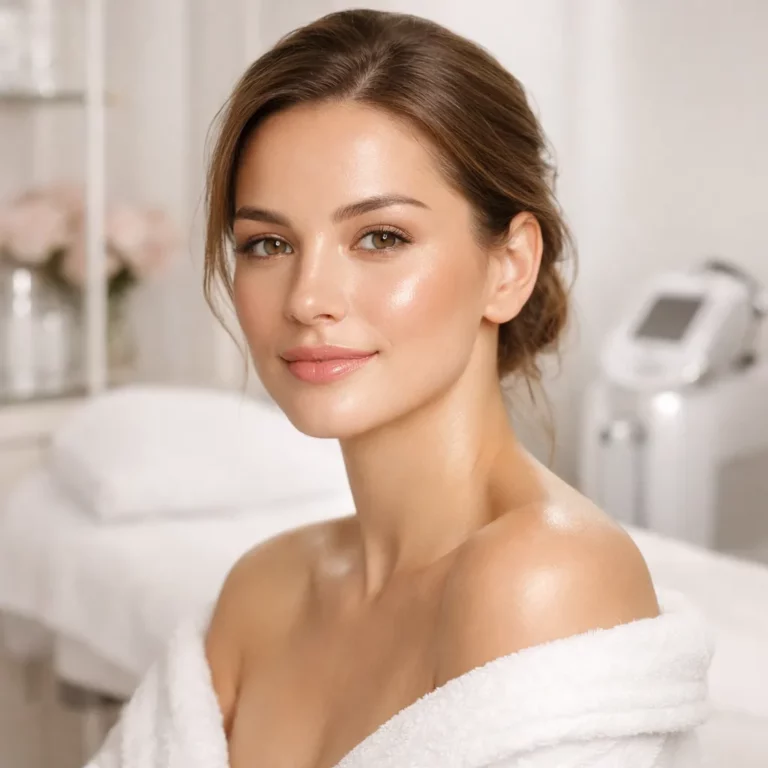 Beauty portrait of a woman with glowing skin wearing a white robe in a spa treatment room