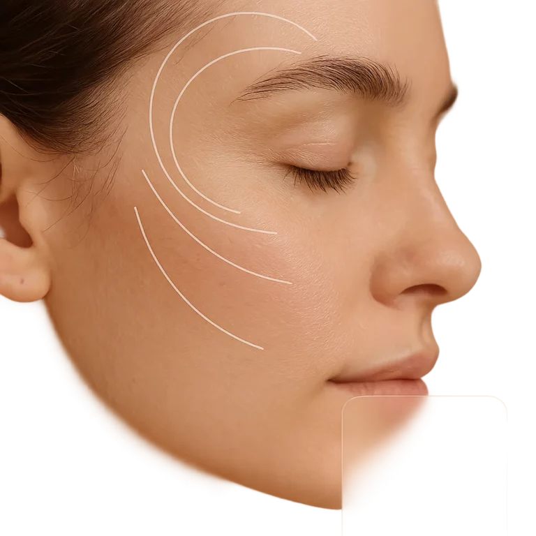 Close-up of a woman's face with smooth, glowing skin and white contour lines on her cheek, illustrating skincare or facial treatment benefits.